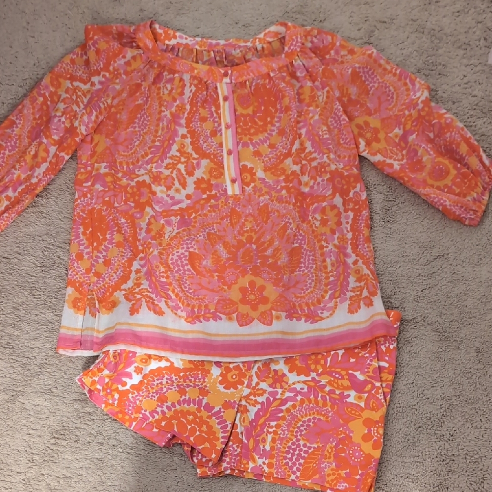 Trina Turk Pink and Orange Floral Print Shorts Set